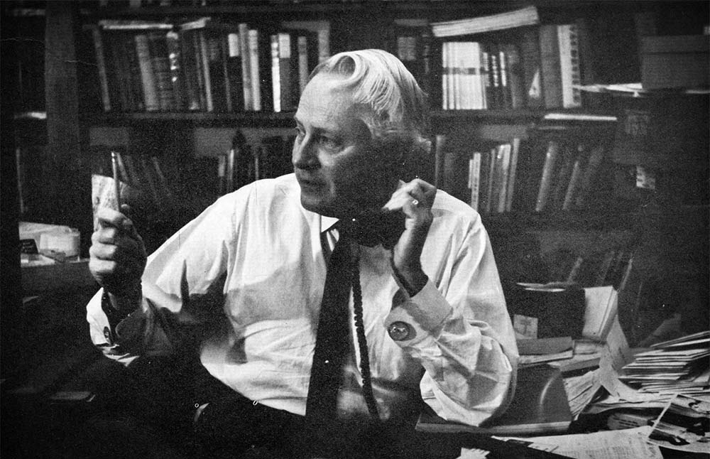 Criswell on the telephone, b&w photo