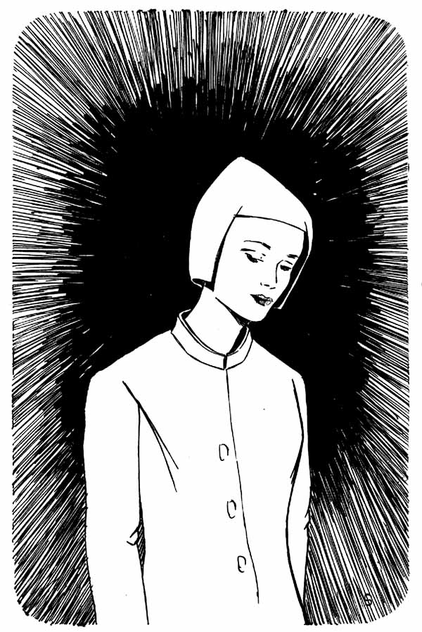 Line art illustration of a woman with her head bowed.