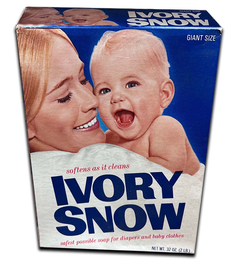 Ivory Snow box featuring Marilyn Chambers holding a happy baby.